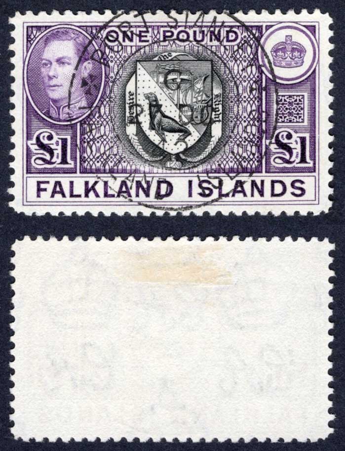 Falkland Is SG163 KGVI One Pound Black and Violet (Top Value) CDS Cat 75 pounds