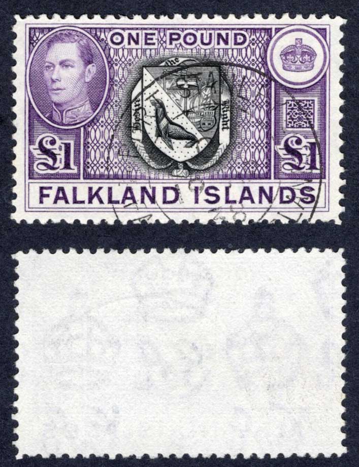 Falkland Is SG163 KGVI One Pound Black and Violet (Top Value) CDS Cat 75 pounds