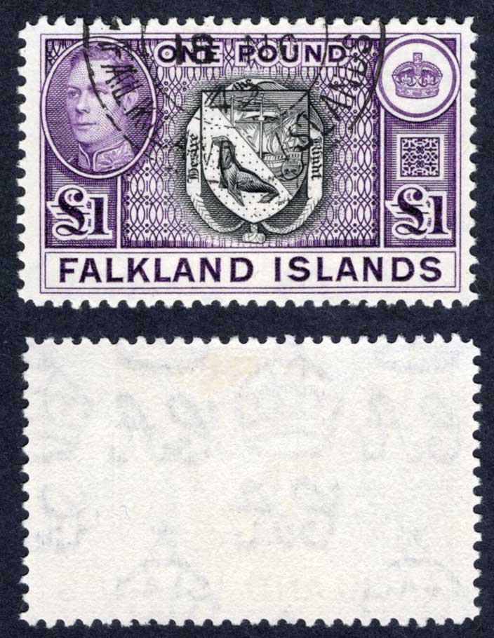 Falkland Is SG163 KGVI One Pound Black and Violet (Top Value) CDS Cat 75 pounds