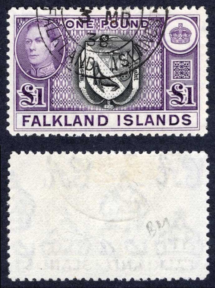 Falkland Is SG163 KGVI One Pound Black and Violet (Top Value) CDS Cat 75 pounds