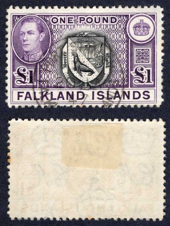 Falkland Is SG163 KGVI One Pound Black and Violet (Top Value) CDS Cat 75 pounds
