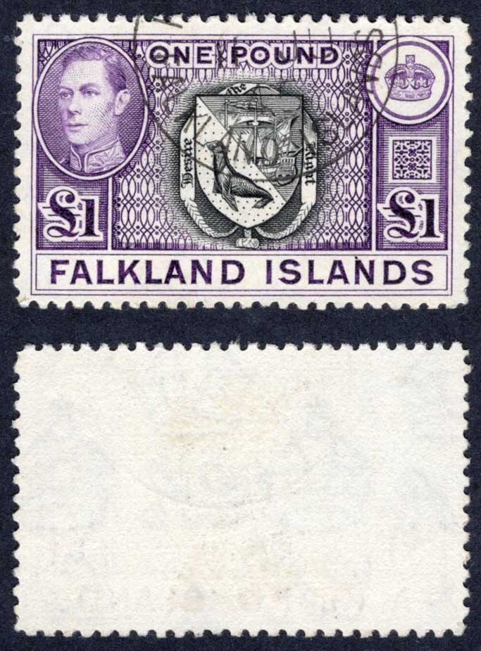 Falkland Is SG163 KGVI One Pound Black and Violet (Top Value) CDS Cat 75 pounds