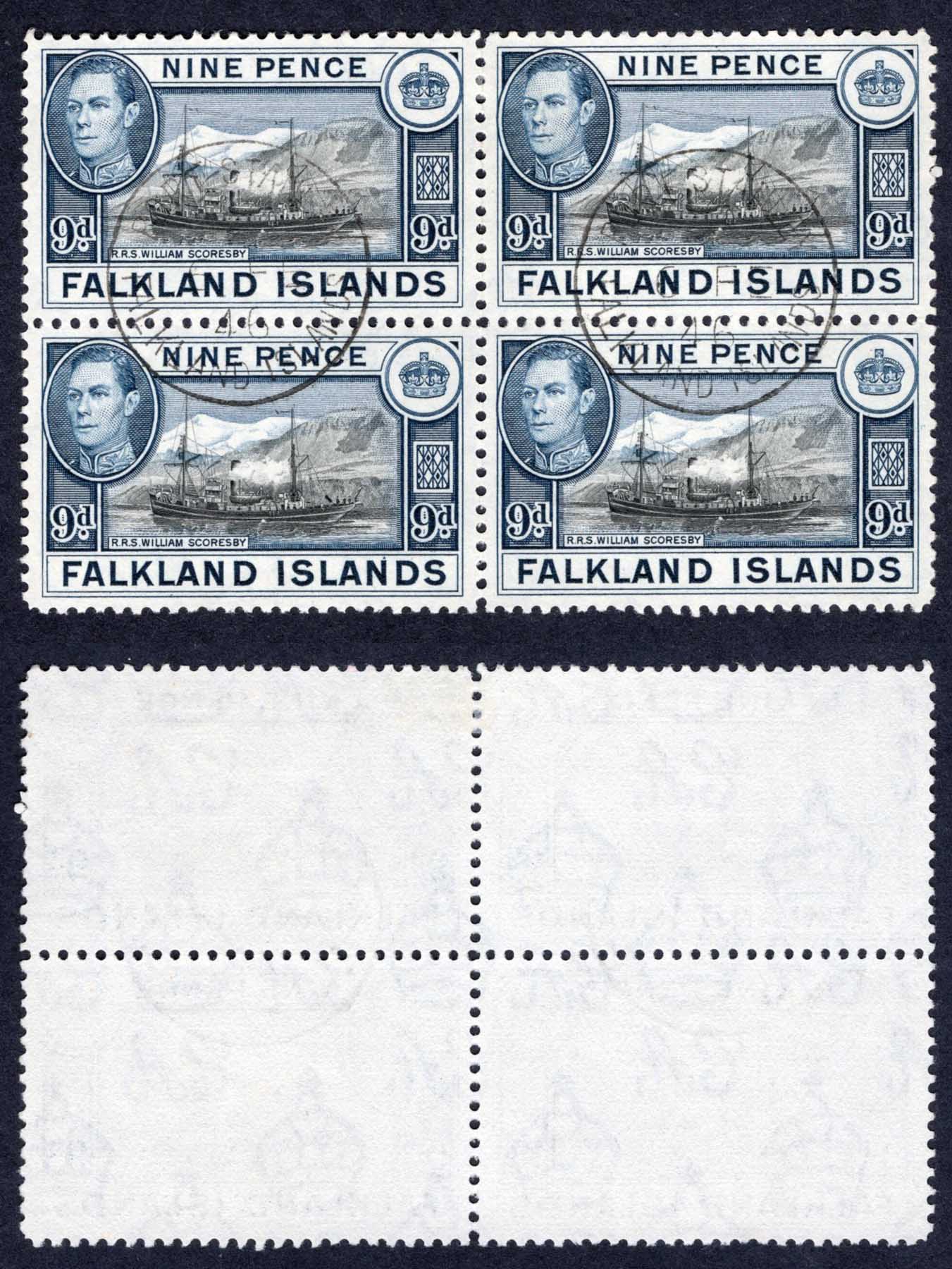 Falkland Is SG157 9d Black and Grey-blue CDS Block Cat 36+++ pounds
