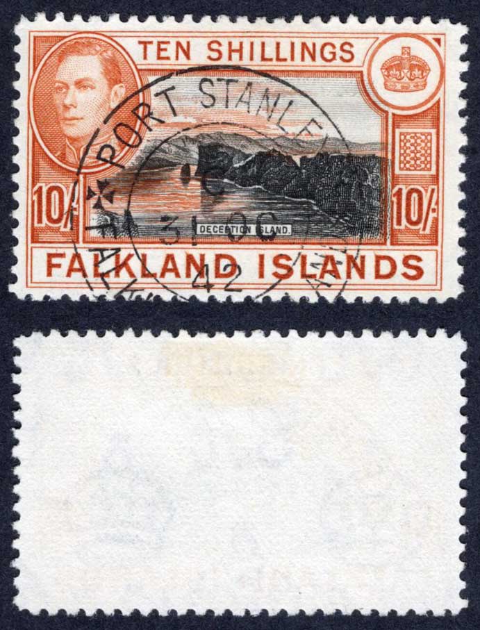 Falkland Is SG162 10/- Black and Orange-brown CDS Cat 70 pounds
