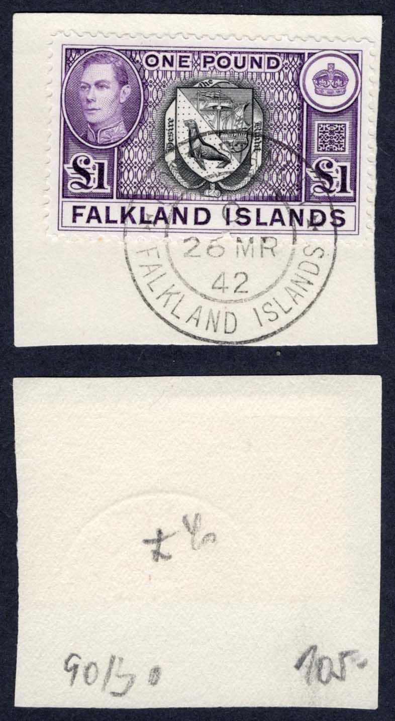 Falkland Is SG163 KGVI One Pound Black and Violet (Top Value) CDS Cat 75 pounds