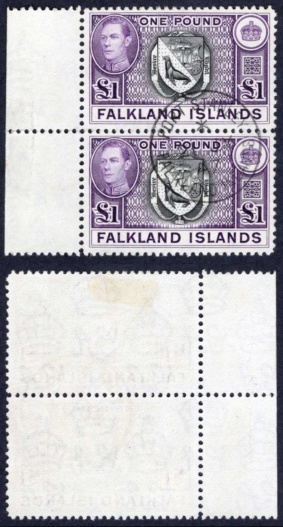 Falkland Is SG163 KGVI One Pound Black and Violet PAIR CDS Cat 150 pounds