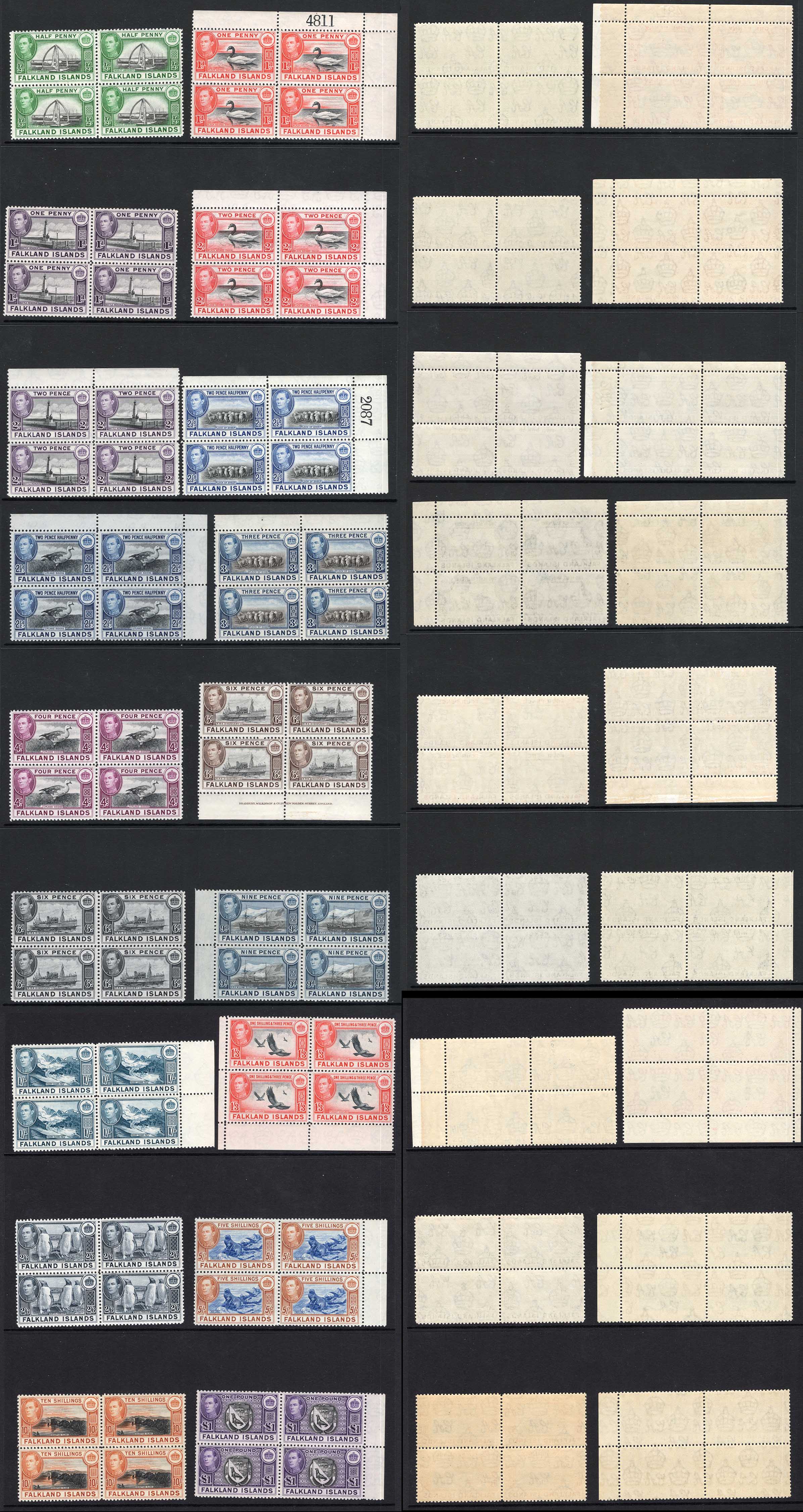 Falkland Is SG146/63 1938 Set of 18 U/M Blocks of FOUR Cat 1900+ pounds
