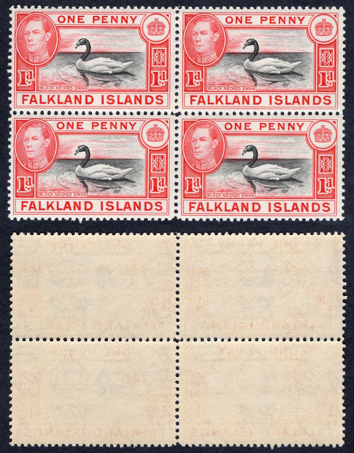 Falkland Is SG147 1d Black and Carmine U/M Block Cat 140 pounds