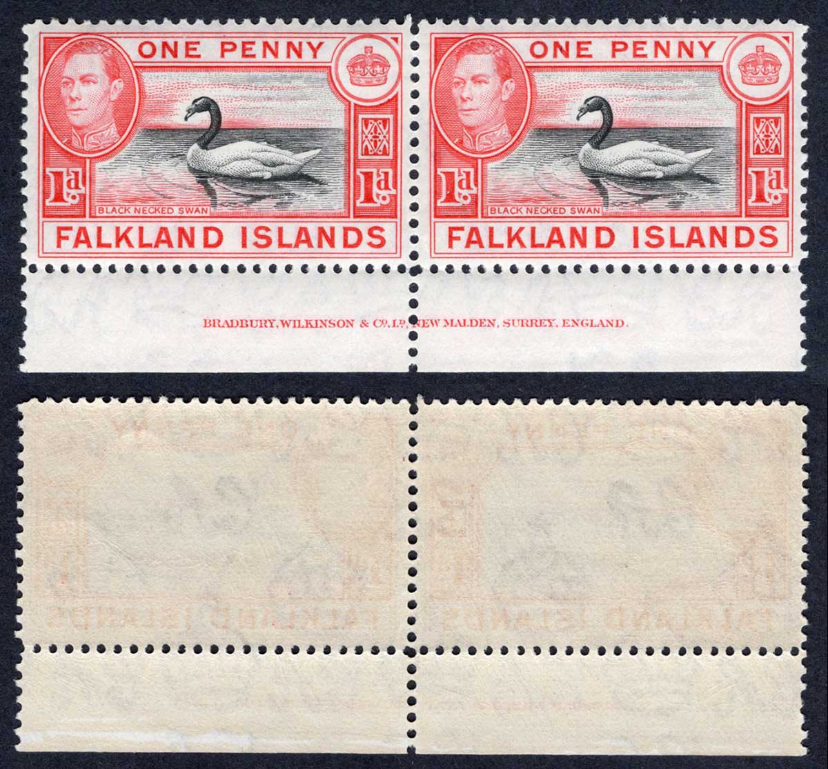 Falkland Is SG147 1d Black and Carmine M/M Imprint Pair Cat 70 pounds
