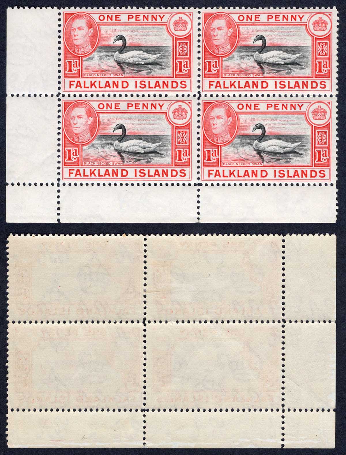 Falkland Is SG147 1d Black and Carmine U/M Block Cat 140 pounds