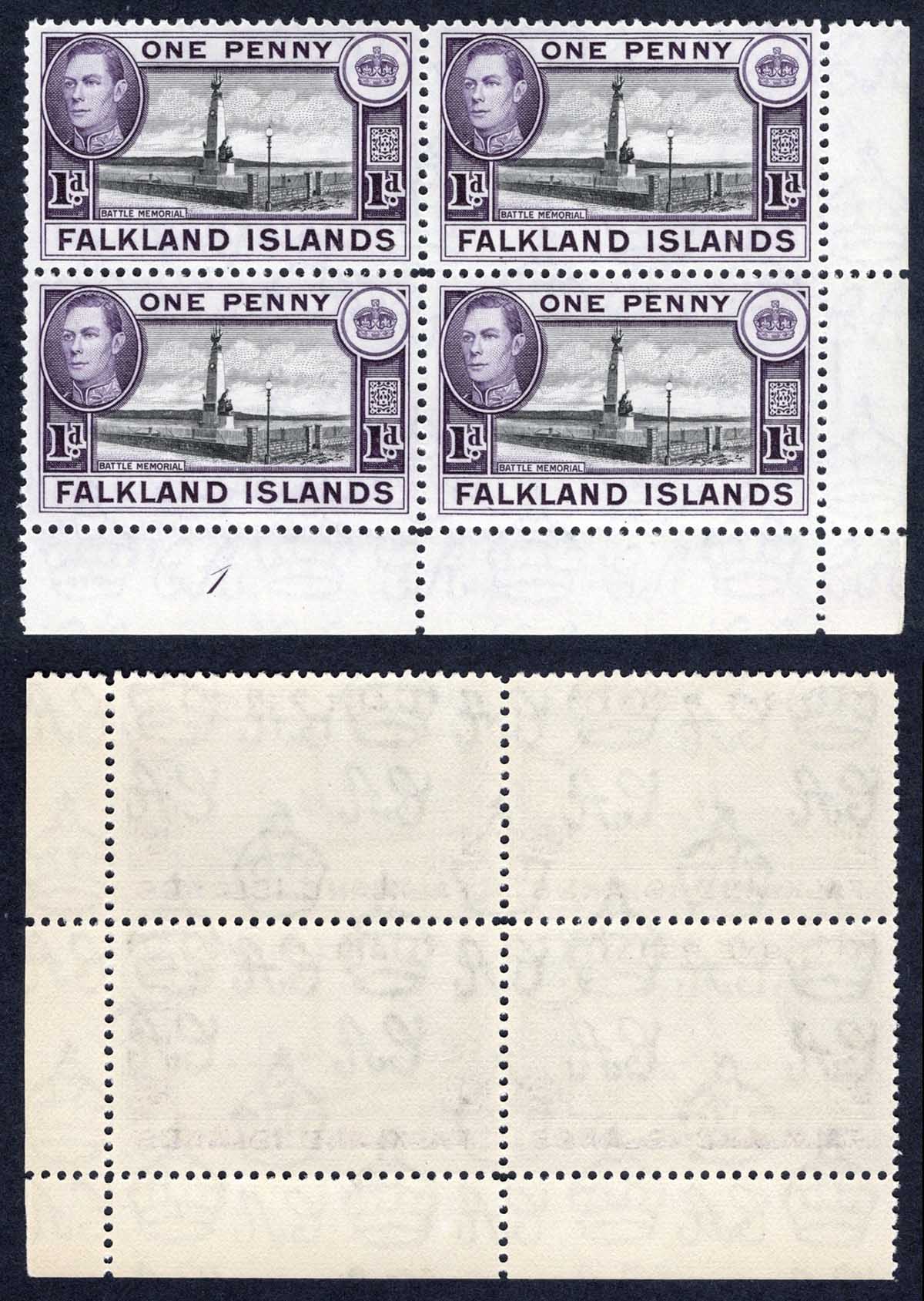 Falkland Is SG148a 1d Black and Purple-Violet U/M Block Cat 48 pounds