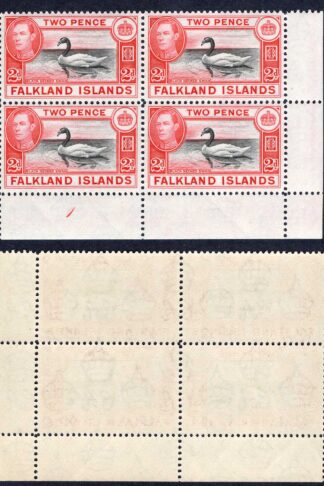 Falkland Is SG150 2d Black and Carmine-red U/M Plate Block Cat 12++ pounds