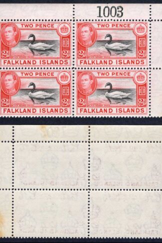 Falkland Is SG150 2d Black and Carmine-red Block U/M (toned in margin) Cat 12 pounds