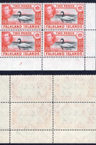 Falkland Is SG150a 2d Black and Red U/M Plate Block Cat 14++ pounds