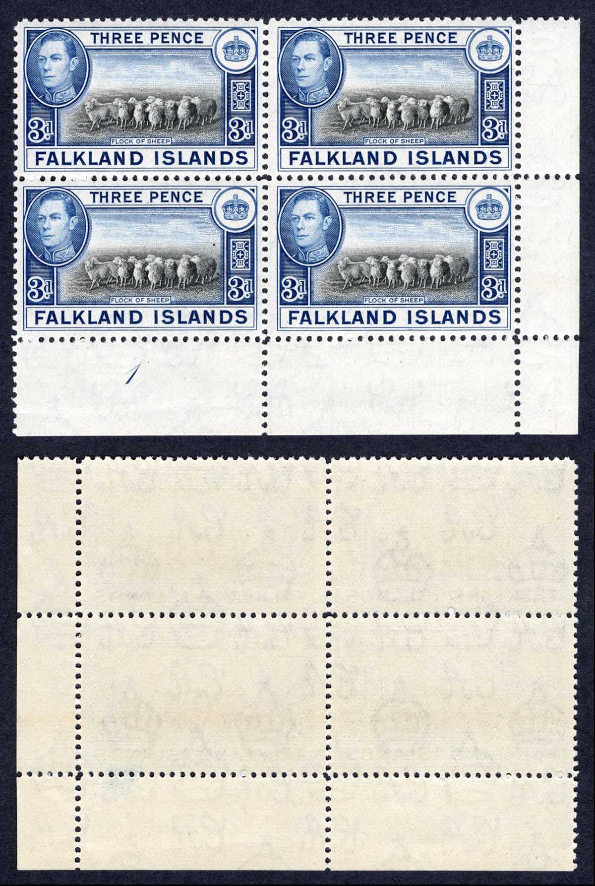 Falkland Is SG153a 3d Black and Deep Blue U/M Block Cat 76++ pounds