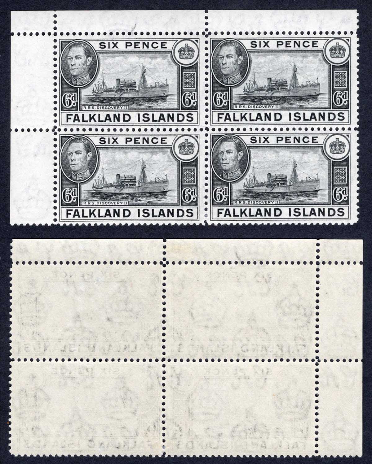 Falkland Is SG156 6d Black U/M (mounted in the margn) Block Cat 36 pounds