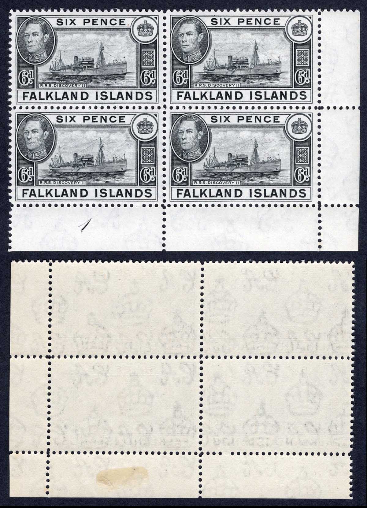 Falkland Is SG156 6d Black U/M (mounted in the margn) Block Cat 36 pounds