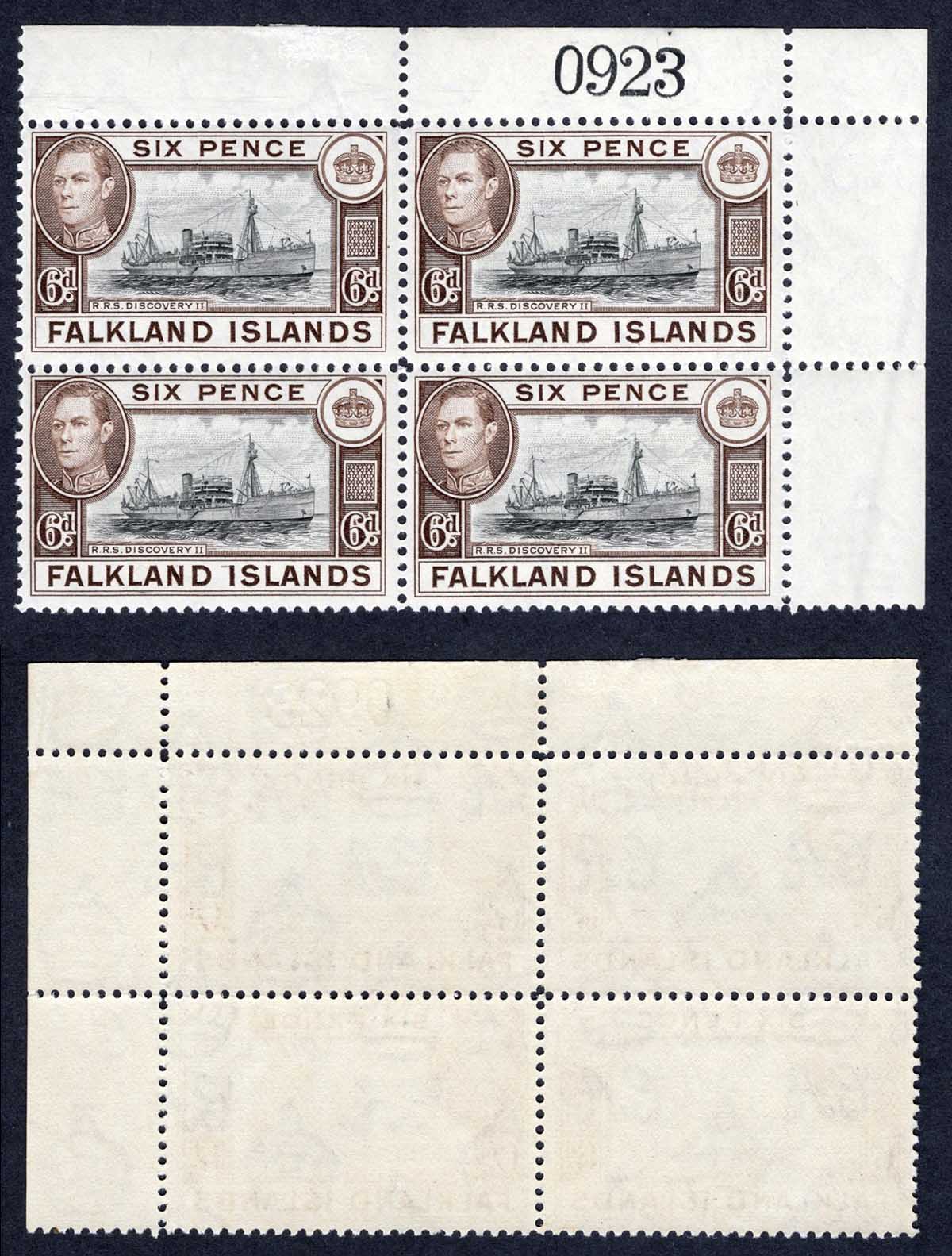 Falkland Is SG155a 6d Black and Sepia U/M Block Cat 32 pounds