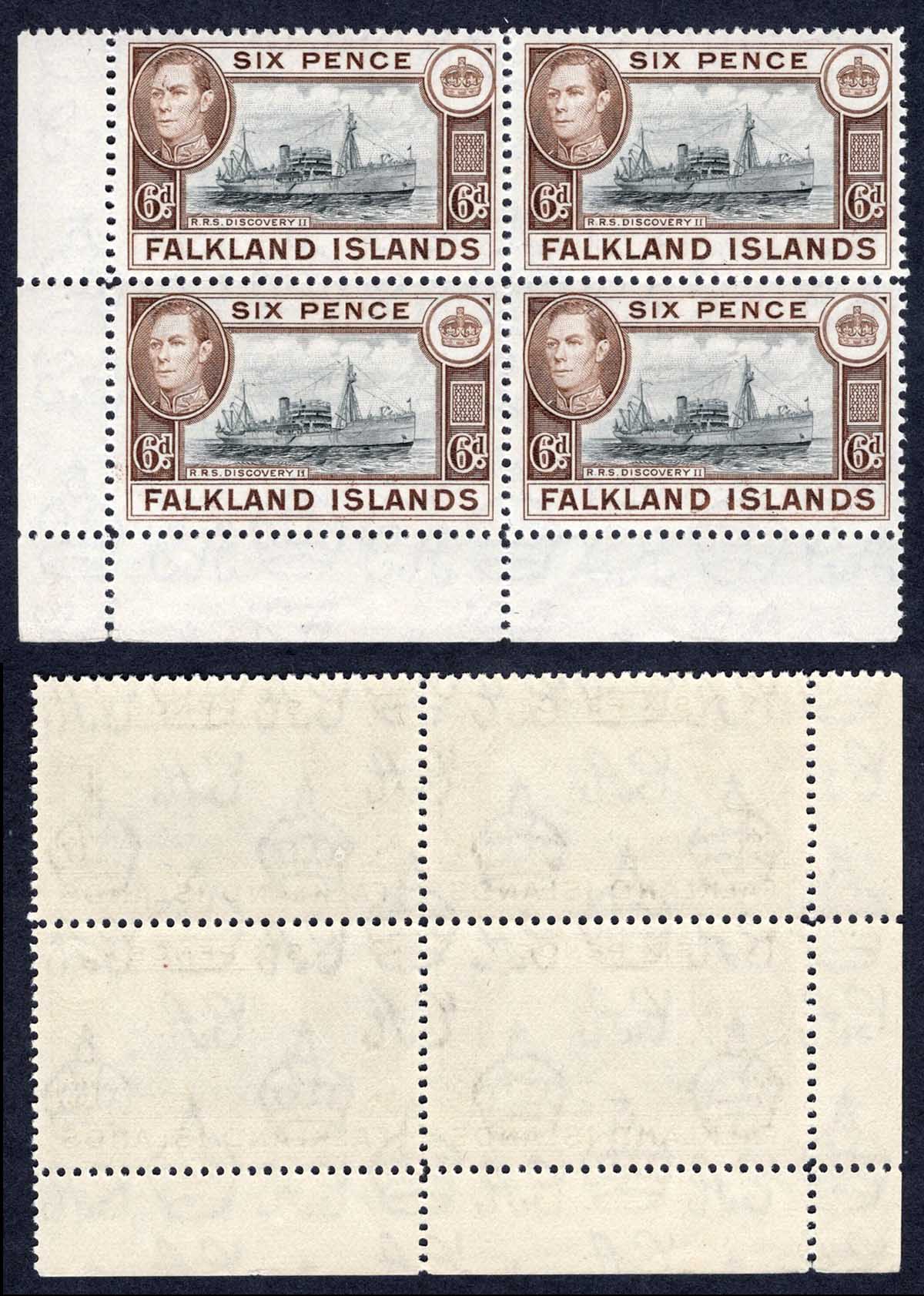 Falkland Is SG155 6d Black and Deep Brown U/M Block Cat 44 pounds