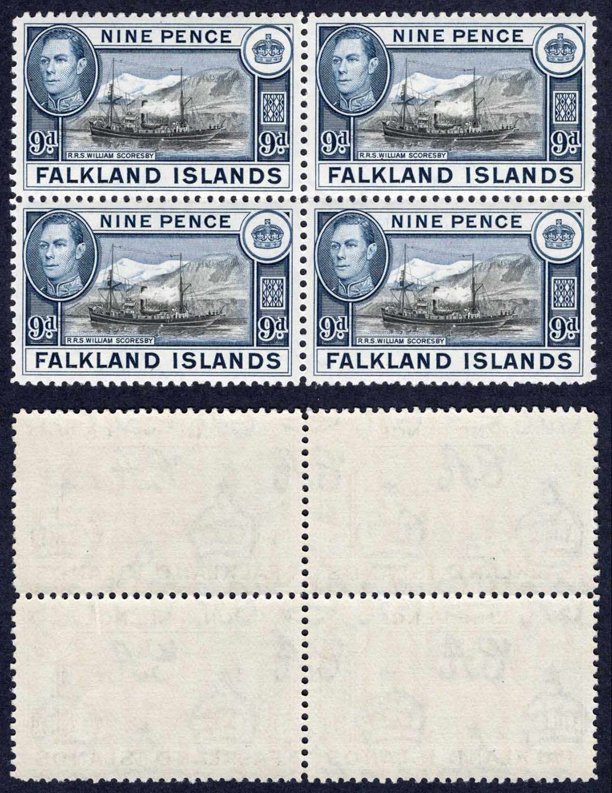 Falkland Is SG157 9d Sepia and Grey-blue Heijtz 87b U/M Block Cat 112++ pounds