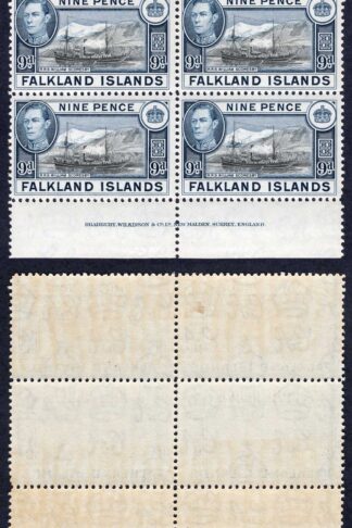 Falkland Is SG157 9d Black and Grey-blue (2 x U/M) Block Cat 112 pounds