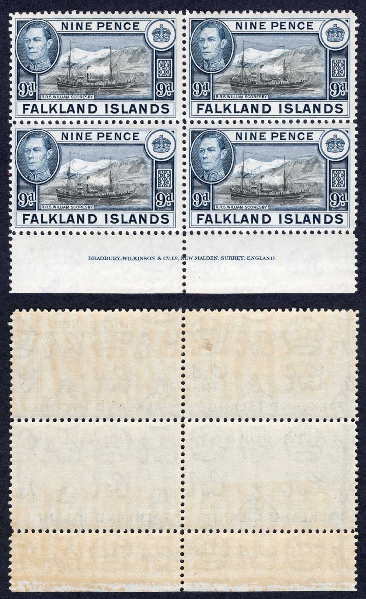 Falkland Is SG157 9d Black and Grey-blue (2 x U/M) Block Cat 112 pounds