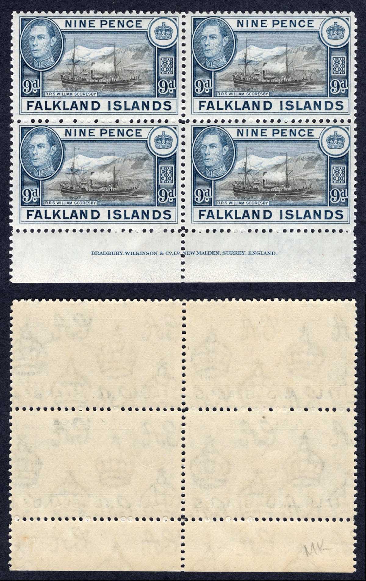 Falkland Is SG157 9d Black and Grey-blue U/M Block Cat 112 pounds