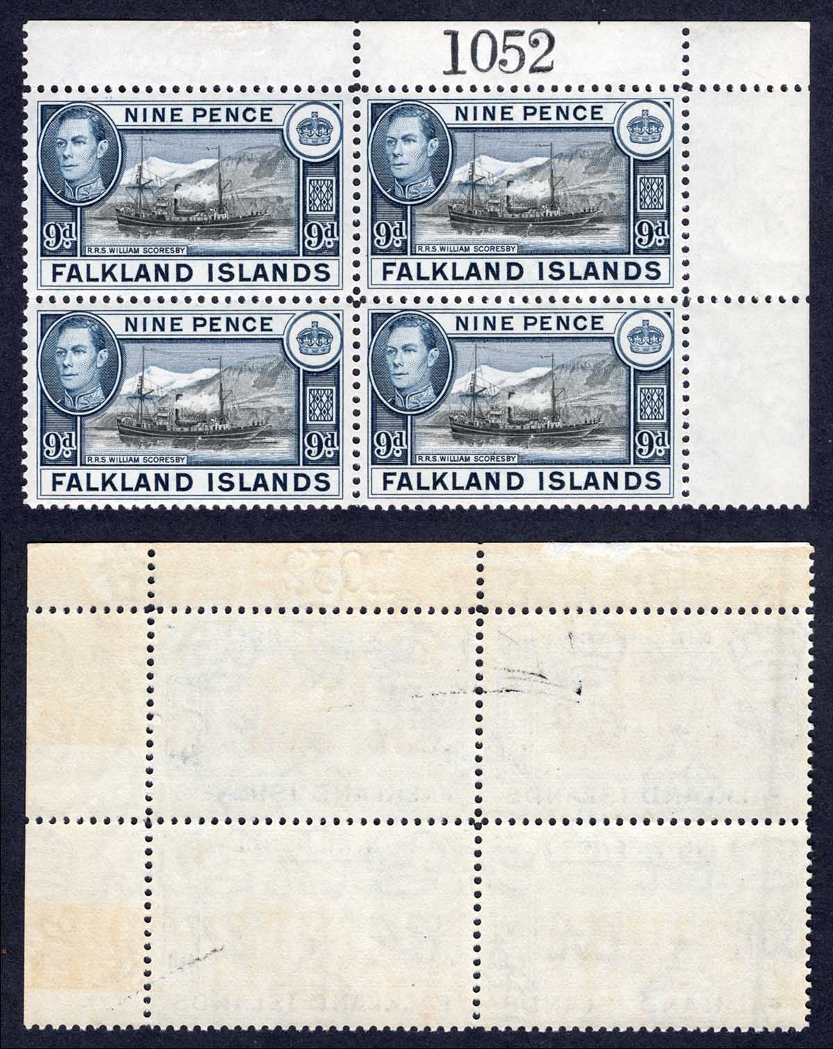 Falkland Is SG157 9d Black and Grey-blue U/M Block Cat 112 pounds