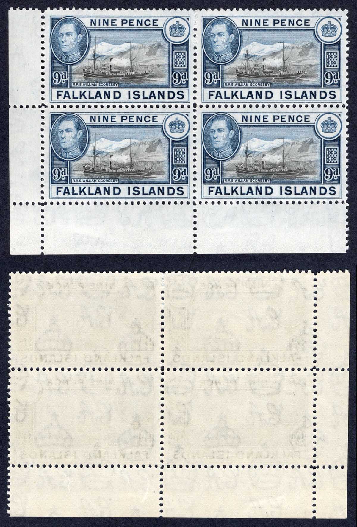Falkland Is SG157 9d Black and Grey-blue U/M Block Cat 112 pounds