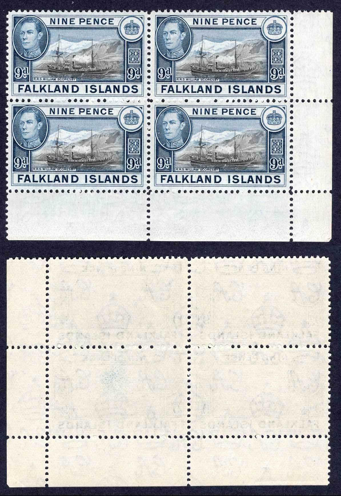 Falkland Is SG157 9d Black and Grey-blue U/M Block Cat 112 pounds