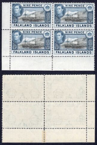 Falkland Is SG157 9d Black and Grey-blue U/M Block Cat 112 pounds