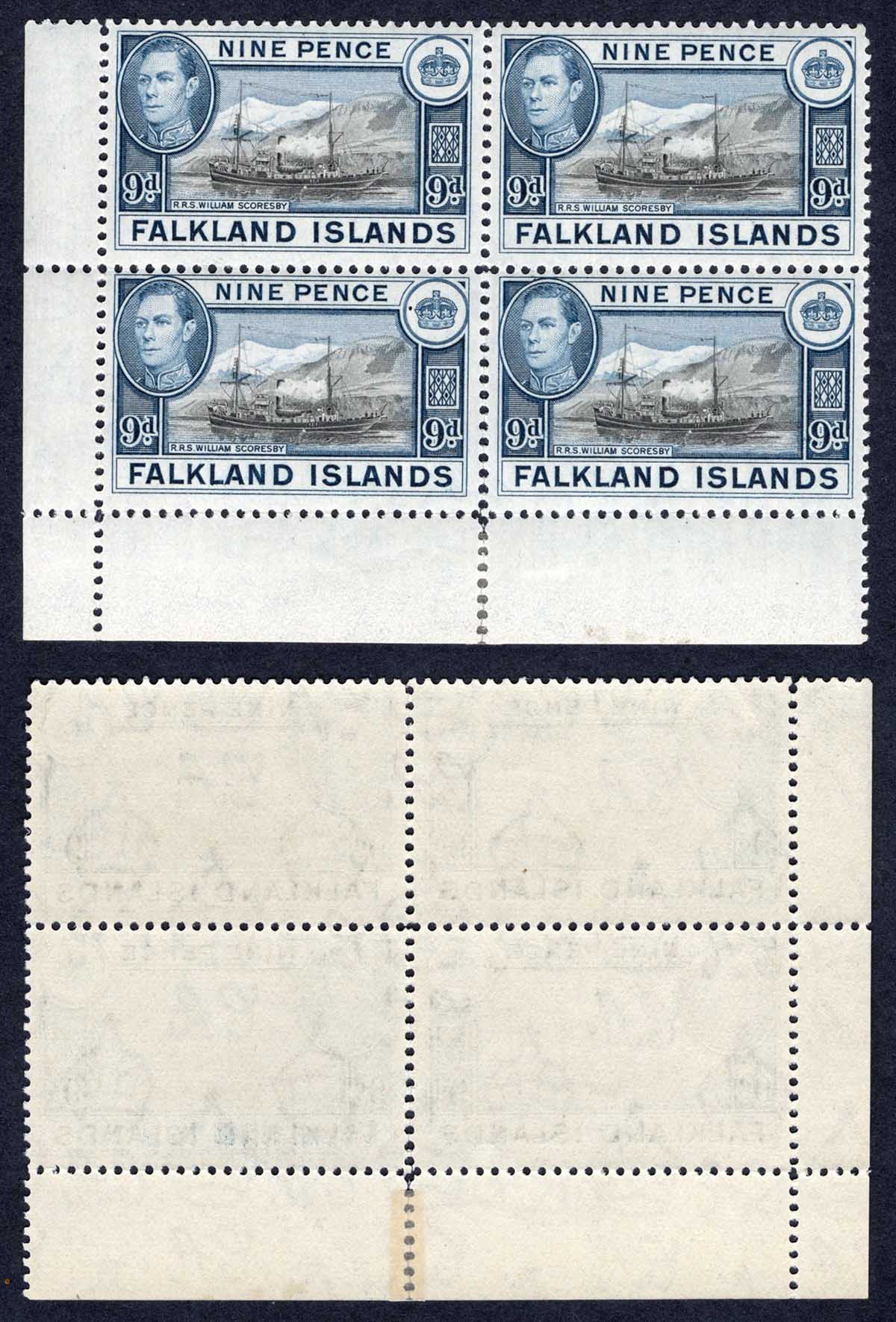 Falkland Is SG157 9d Black and Grey-blue U/M Block Cat 112 pounds