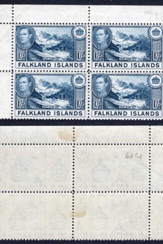 Falkland Is SG158b 1/- Dull Blue (2 x U/M) Block Cat 152 pounds