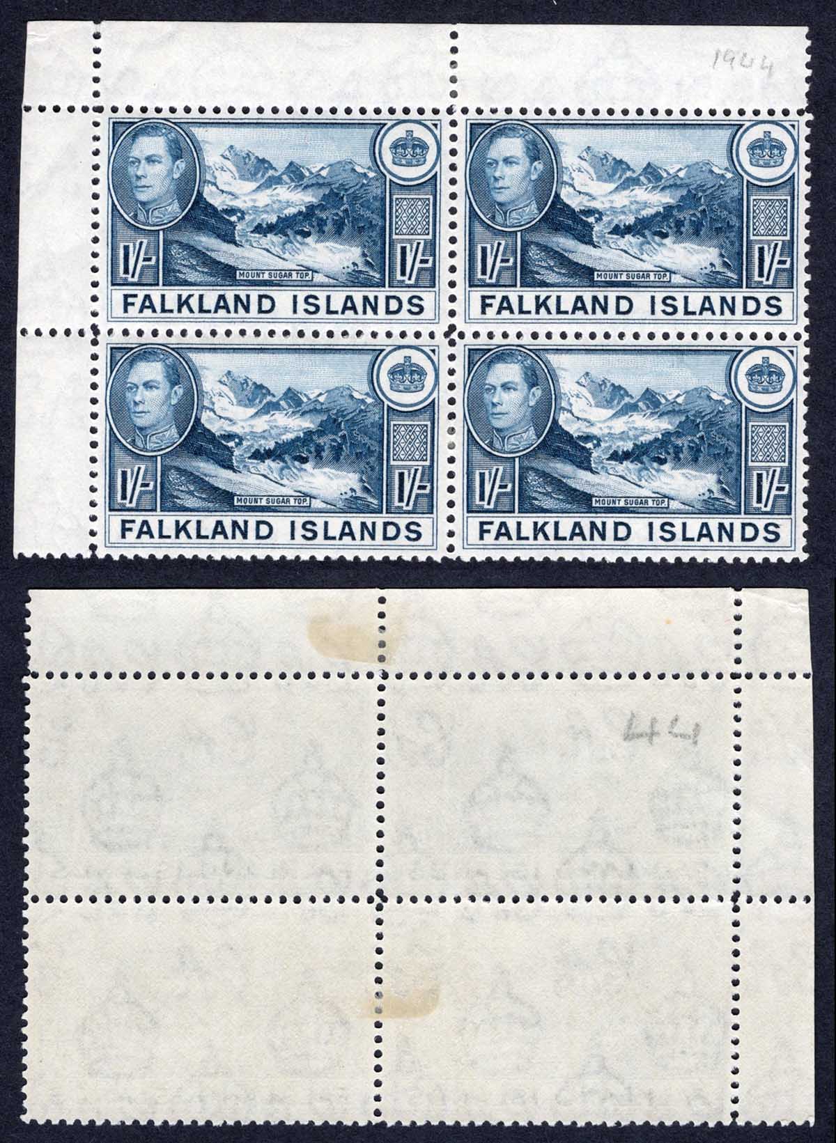 Falkland Is SG158b 1/- Dull Blue (2 x U/M) Block Cat 152 pounds