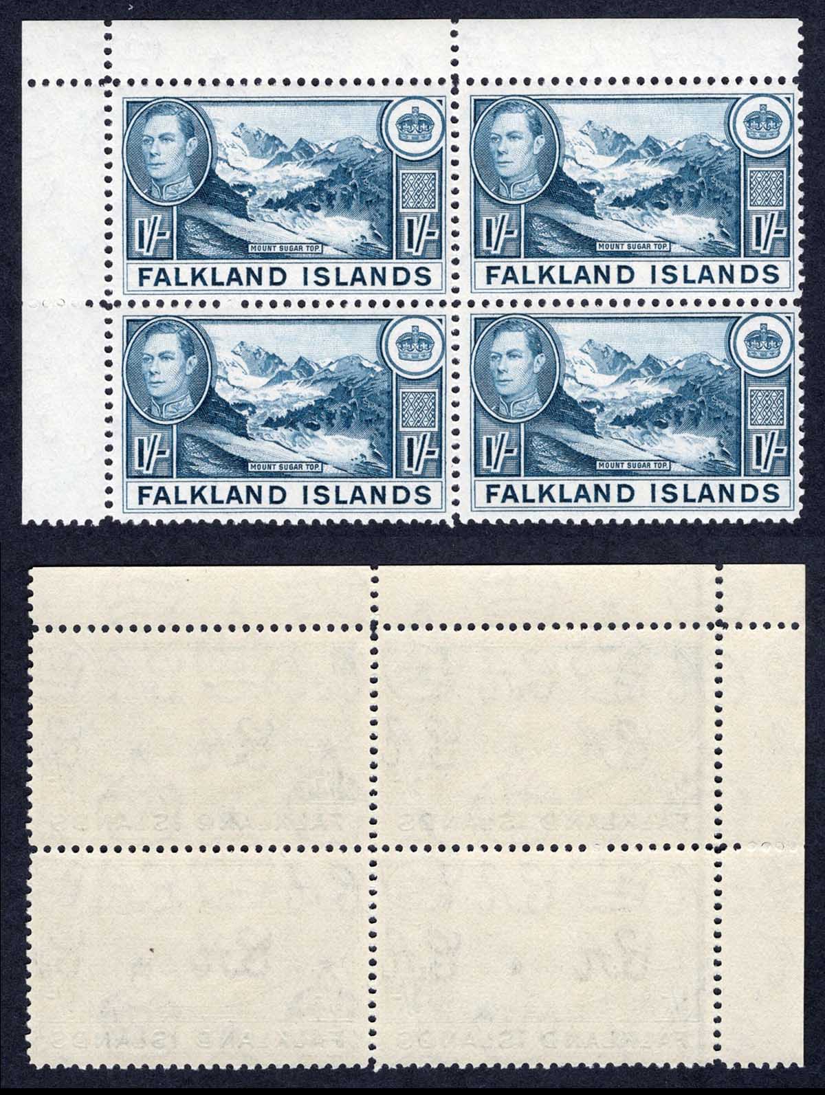 Falkland Is SG158b 1/- Dull Blue U/M Block Cat 152 pounds