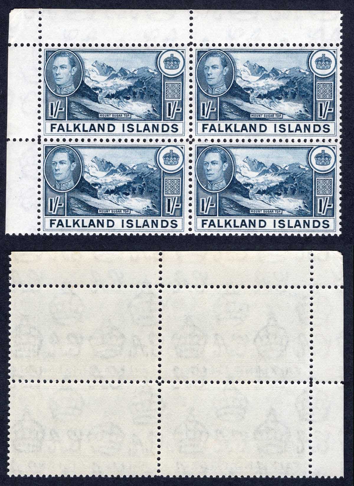 Falkland Is SG158b 1/- Dull Blue U/M Block Cat 152 pounds