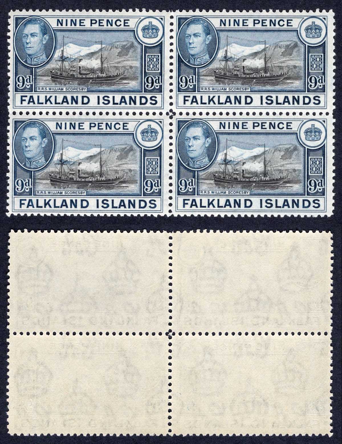 Falkland Is SG157 9d Black and Grey-blue U/M Block Cat 112 pounds