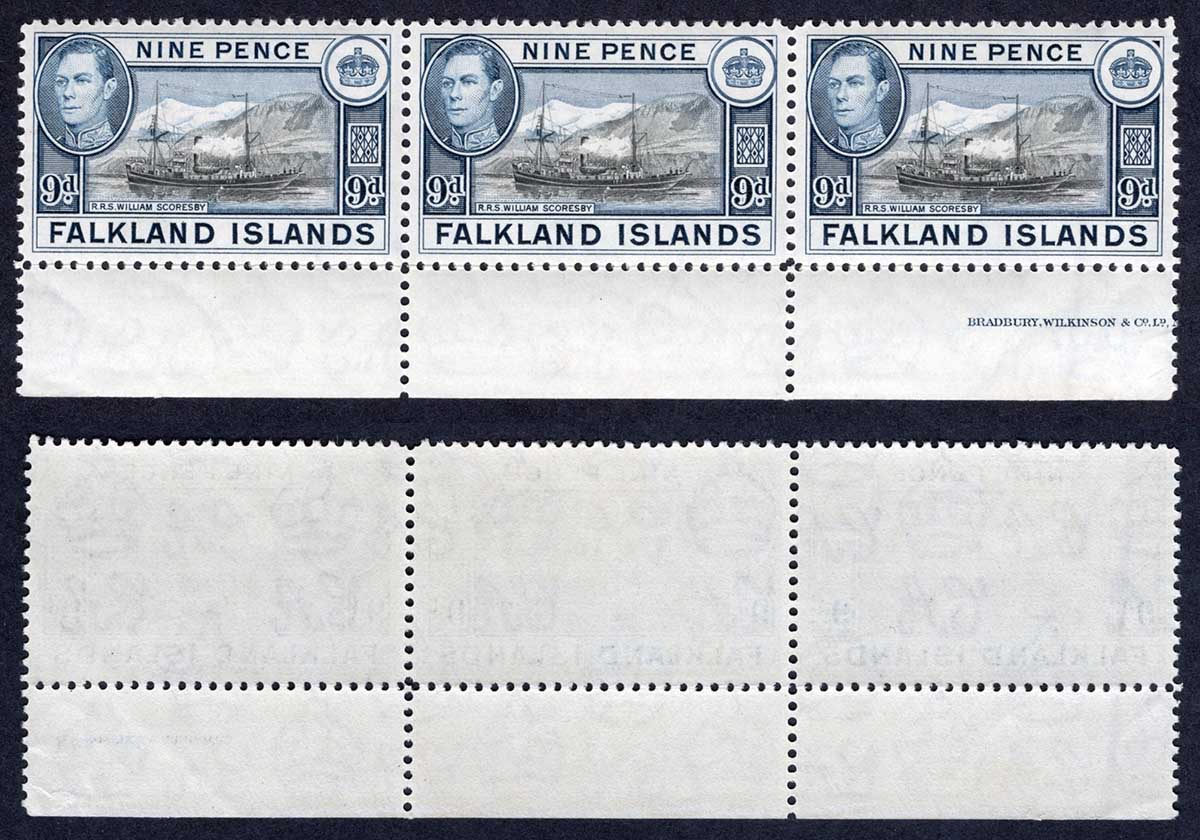 Falkland Is SG157 9d Black and Grey-blue U/M Strip Cat 84 pounds