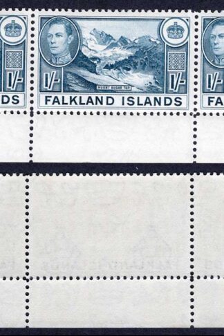 Falkland Is SG158b 1/- Dull Blue U/M Strip Cat 114 pounds