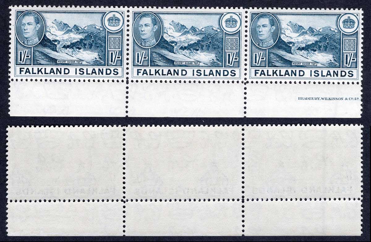 Falkland Is SG158b 1/- Dull Blue U/M Strip Cat 114 pounds