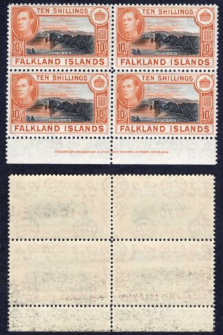 Falkland Is SG162b 10/- Black and red-orange U/M Block (off set on reverse) Cat 560 pounds