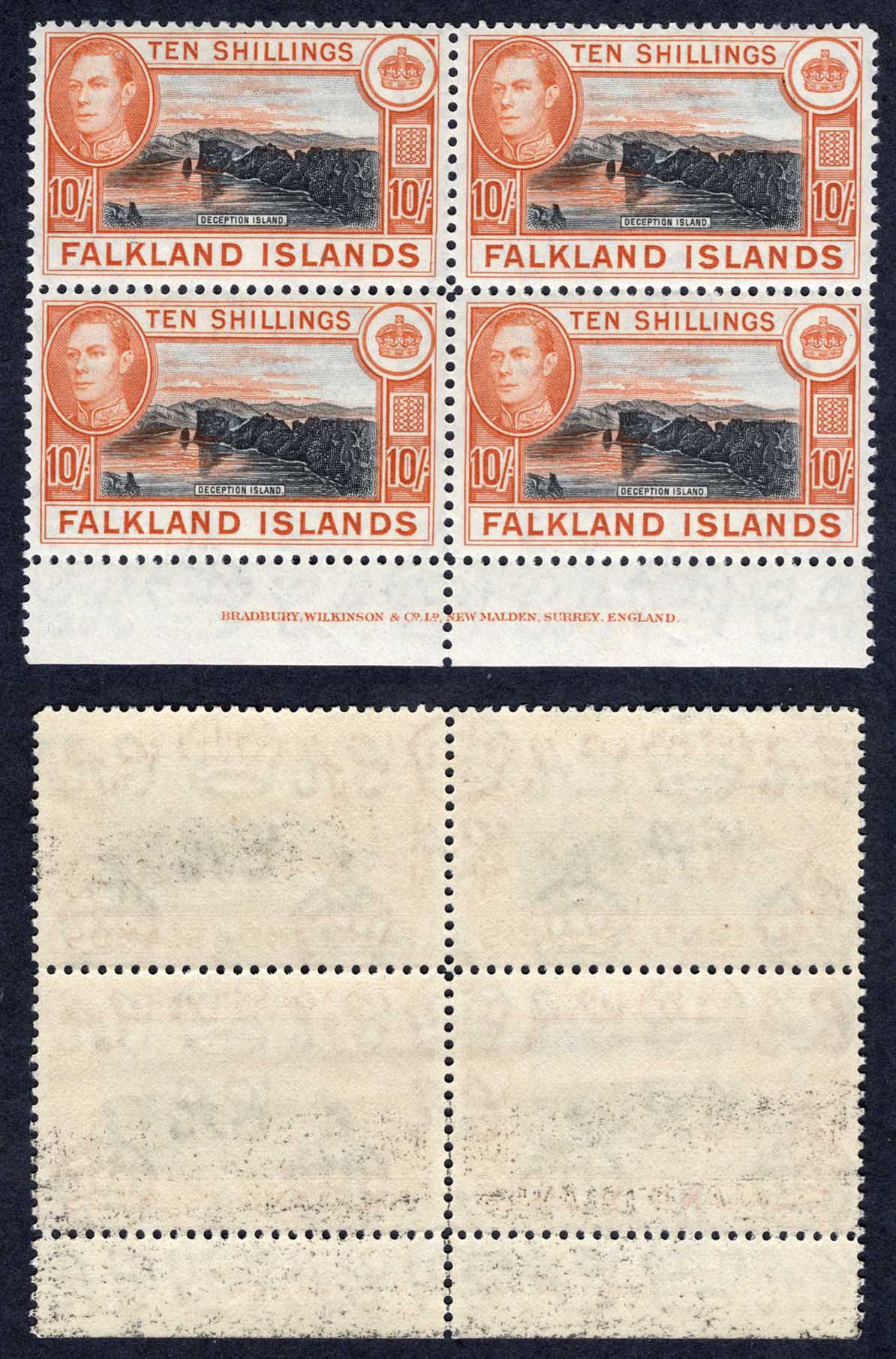 Falkland Is SG162b 10/- Black and red-orange U/M Block (off set on reverse) Cat 560 pounds