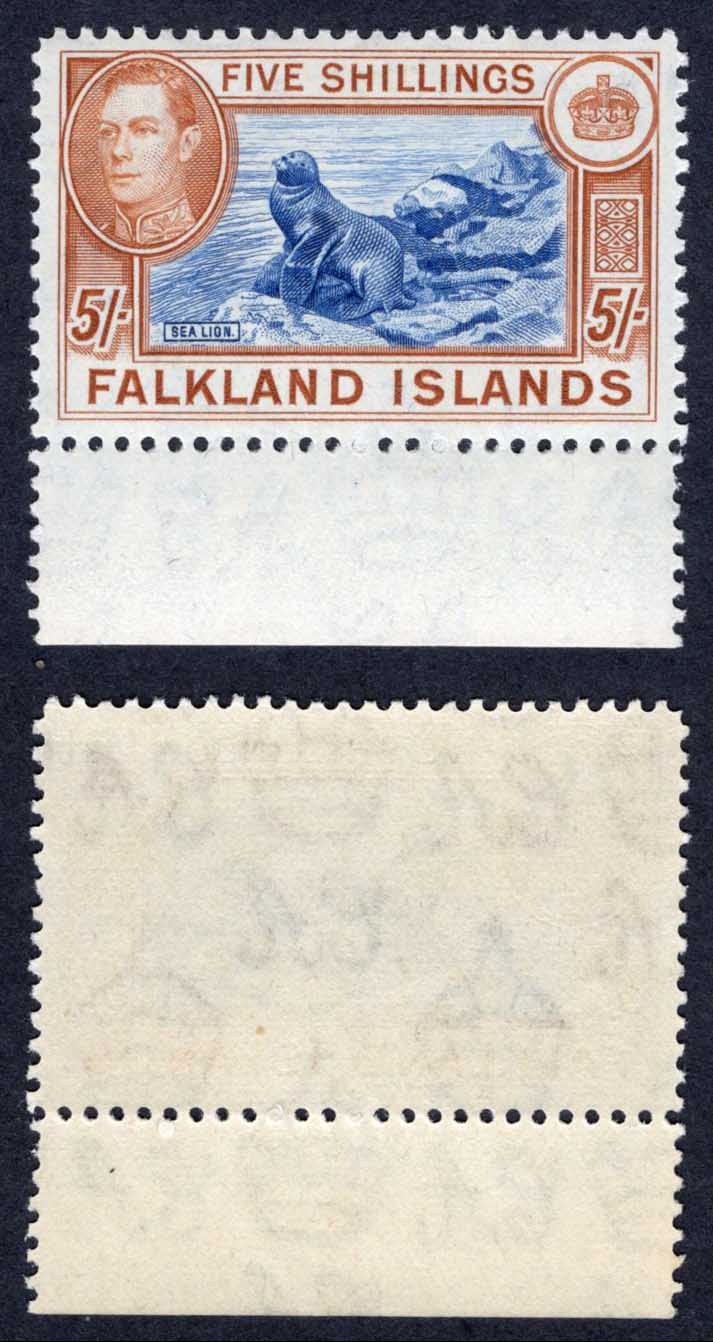 Falkland Is SG161c 5/- Dull blue and yellow brown (greyish paper) U/M Cat 140 pounds