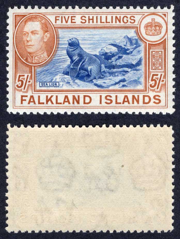 Falkland Is SG161c 5/- Dull blue and yellow brown (greyish paper) U/M Cat 140 pounds