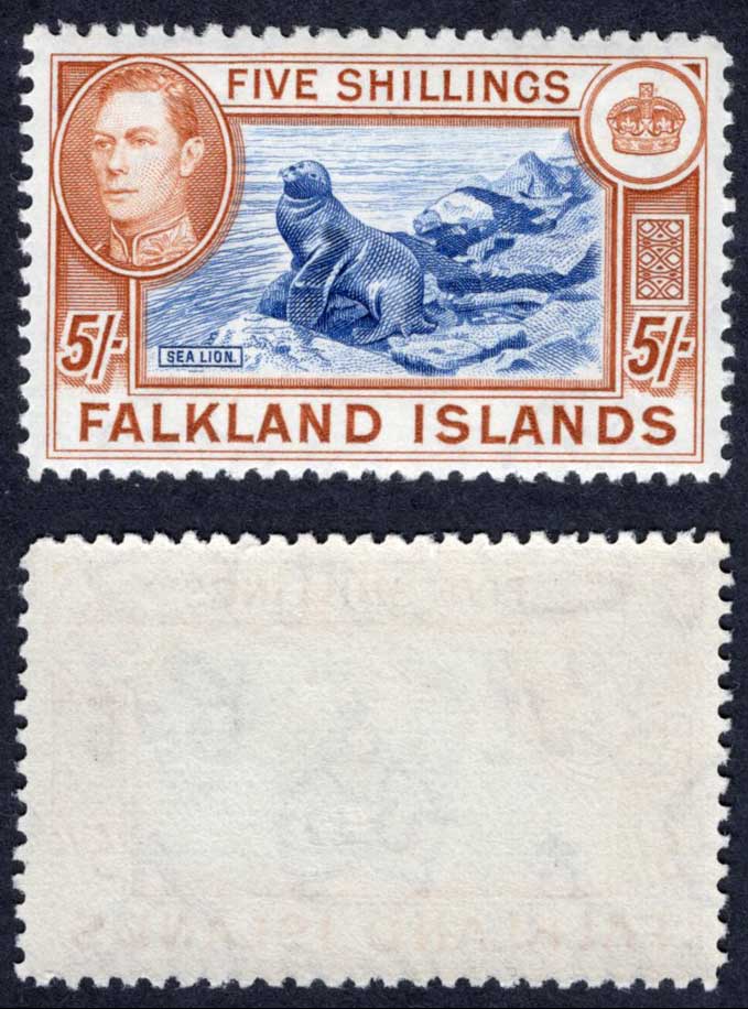 Falkland Is SG161 5/- Blue and Chestnut U/M Cat 160 pounds