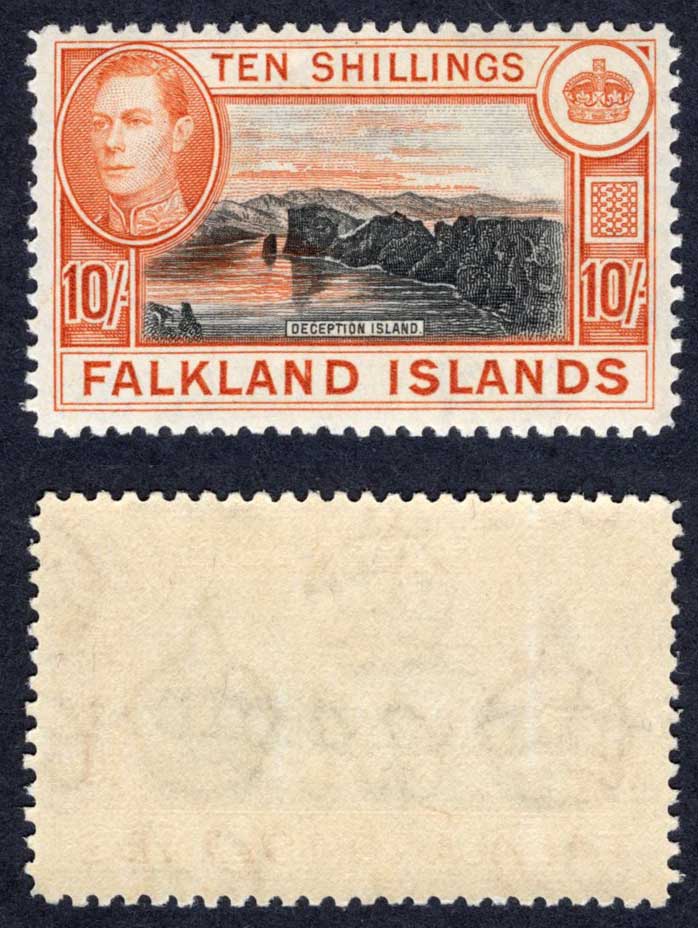 Falkland Is SG162b 10/- Black and Red-orange (greyish paper) U/M Cat 140 pounds