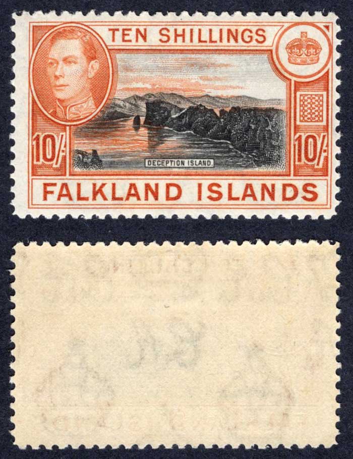 Falkland Is SG162b 10/- Black and Red-orange (greyish paper) M/M Cat 140 pounds