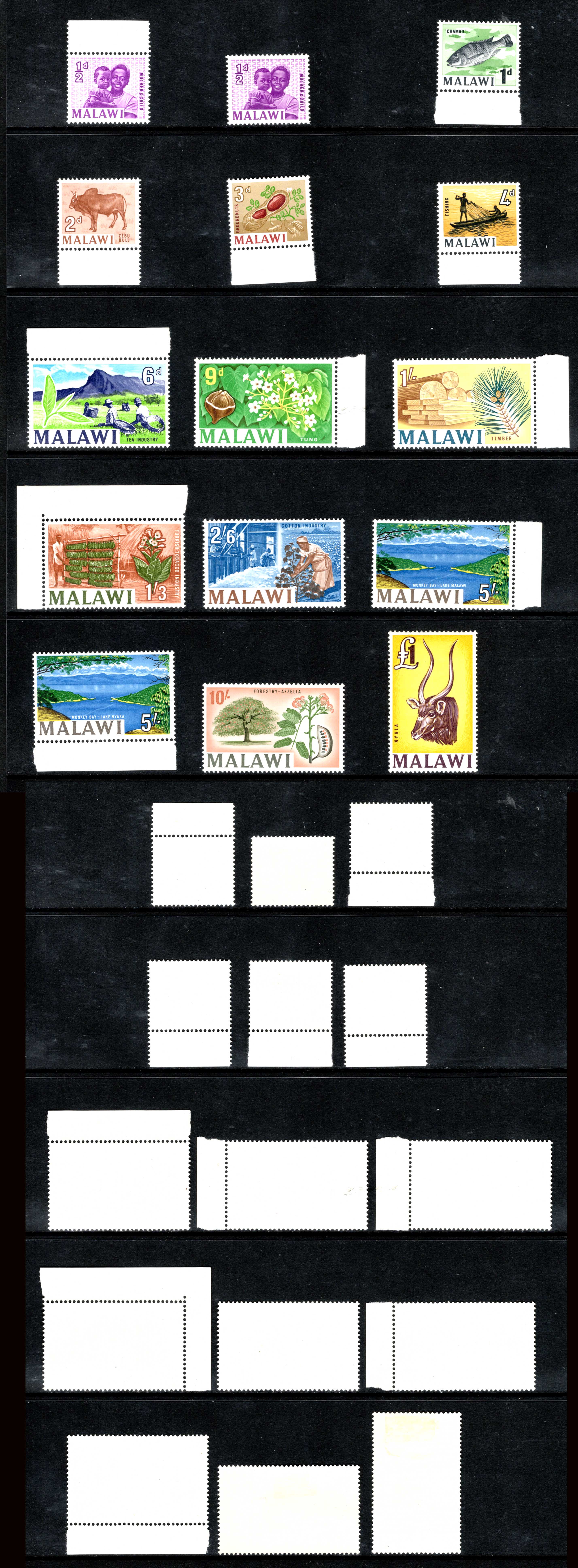 MALAWI SG215/7 Set of 14 M/M (the good 5/- is U/M) Cat 32 pounds