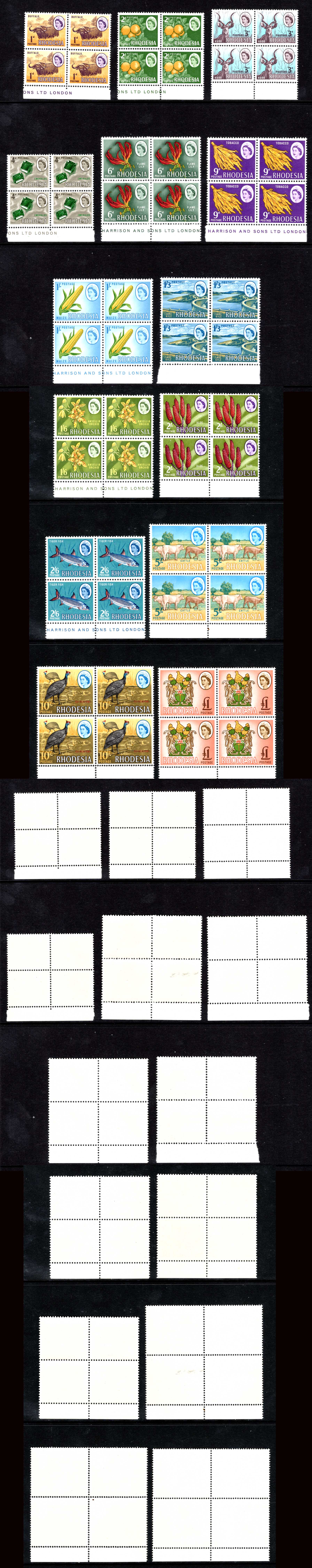 Rhodesia SG374/87 1966 set in U/M Marginal Blocks Cat 64 pounds
