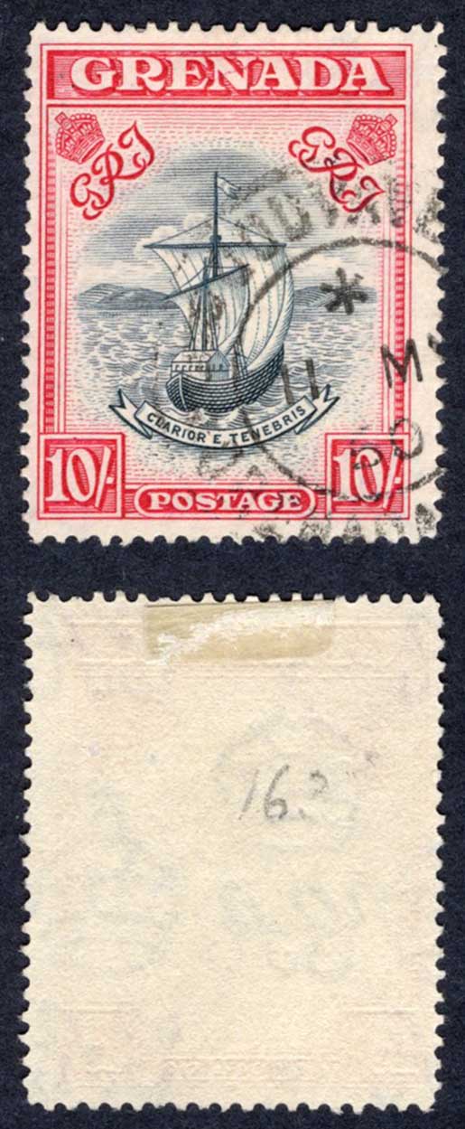 Grenada SG163e 10/- Perf 14 Blue-black and carmine (narrow) used Cat 28 pounds